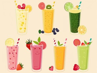 Assorted smoothies, tropical flavors, flat design illustration