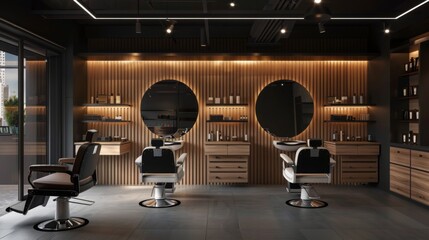 A modern barbershop interior with wooden accents, three barber chairs, and two circular mirrors.