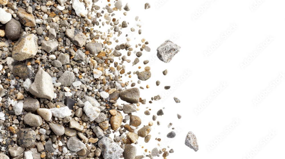 Poster a photo of a pile of gravel and rocks on a white background, perfect for use in still life compositi