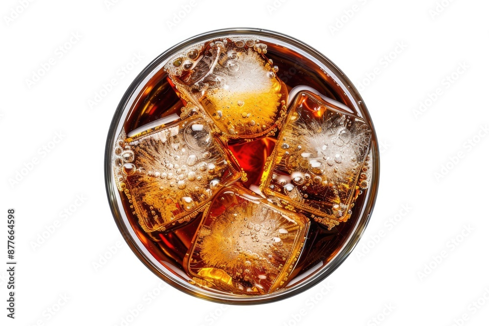 Poster a glass filled with cola and floating ice cubes