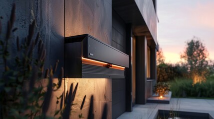 A modern home with a black door, a sleek rectangular light fixture on the wall, and warm orange glow. Surrounded by the setting suns warmth, creating a cozy, inviting, and serene scene.