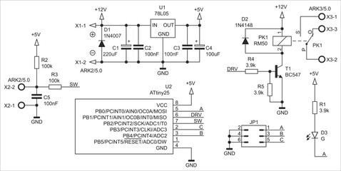 Schematic diagram of electronic device on sheet of paper. Vector drawing electrical circuit with connector,  resistor, capacitor, integrated circuit, led, microcontroller, voltage stabilizer.  © TKalinovskaya