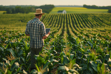 Farmer inspecting crops in a green field under a clear sky.