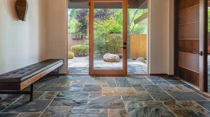 Entryway of a suburban mid-century modern home with a custom-made bench and stone flooring