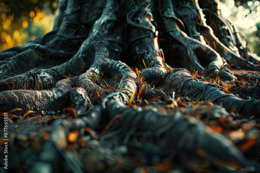 Poster close up shot of a tree trunk with leaves scattered around it