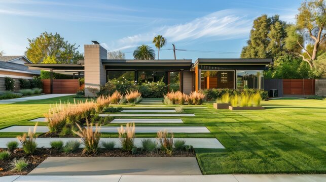 Front lawn of a suburban mid-century modern home with geometric planting beds and native grasses
