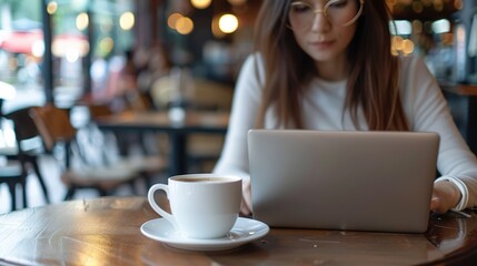 Productive Woman Working on Laptop at Cafe with Blurred Background, Copy Space Available for Text