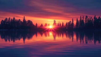 Naklejka premium sunset over a serene lake, with gradient colors changing from deep orange to purple in the sky