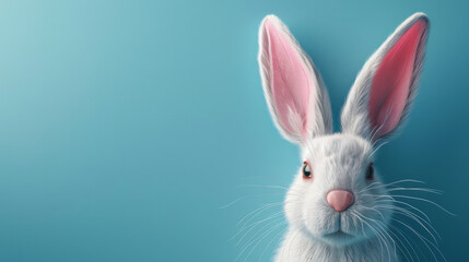 White rabbit with pink ears on a pastel blue background.