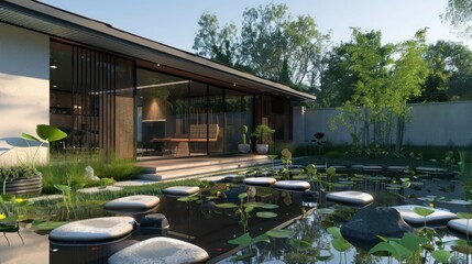 Garden of a suburban mid-century modern home with a minimalist pond and stepping stones