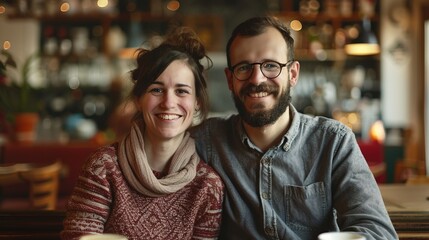 Fototapeta premium Smiling Couple Enjoying Date at Cafe with Copy Space Above