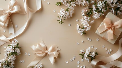 champagne gold desktop with blank space for adding text. Decorated with ribbons and a bouquet 