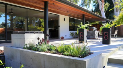 Mid-century modern suburban patio with custom-designed concrete planters and an outdoor sound system