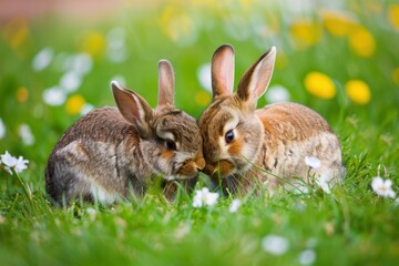 Obraz premium Two cute rabbits touching noses in a meadow with white and yellow flowers