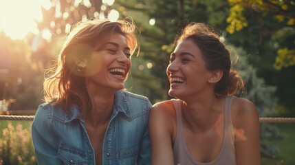 Naklejka premium The laughing friends outdoors