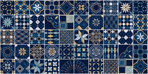 blue and gold tiles decor pattern in Mediterranean style antique