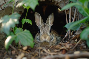 Obraz premium Wild rabbit sheltering in its den under a tree, surrounded by leaves and roots