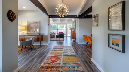 Mid-century modern suburban entryway with a vintage chandelier and a colorful runner rug leading to the living area