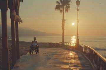 Woman in Wheelchair Enjoying Beach Sunset
