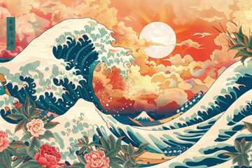 A Japanese wave pattern with bamboo leaves, peonies and small waves in a vector style. A pink sun is visible behind a sea of flowers