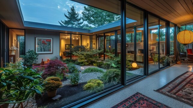 Mid-century modern suburban home with a landscaped atrium visible through glass walls from the interior