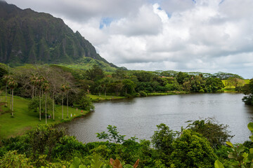 Scenic view of Ho'omaluhia Botanical Garden from Kahua Kuou overlooking Loko Waimaluhia reservoir on the Hawaiian Island of Oahu, USA against cloudy sky