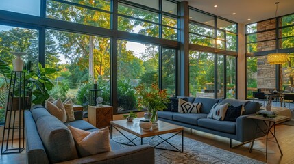 Fototapeta premium Mid-century modern suburban home with custom window designs that emphasize the natural light and views