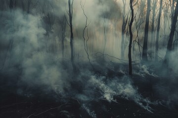 Smoke is rising from the ashes of a recent forest fire, leaving burnt trees behind