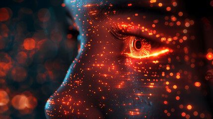Close up of a woman's face with glowing digital particles and lights flowing out from her eye against a futuristic background in the style of orange, indigo and gunmetal colors.