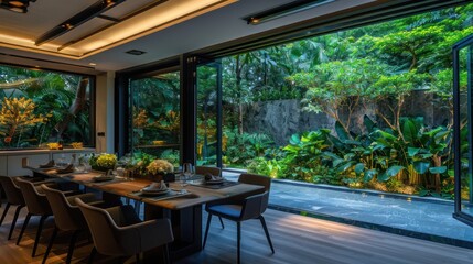 Naklejka premium Suburban contemporary dining space with a retractable glass wall that opens to a lush outdoor garden