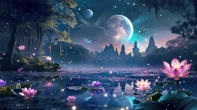 Enchanting lake adorned with lotus flowers under a mystical night sky, creating a serene and magical fantasy landscape
 Seamless looping 4k time-lapse virtual video animation background. Generated AI