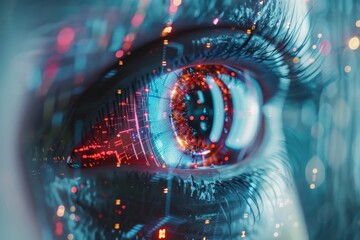 Futuristic cybernetic vision  ai robot eye hacking in digital tech display environment