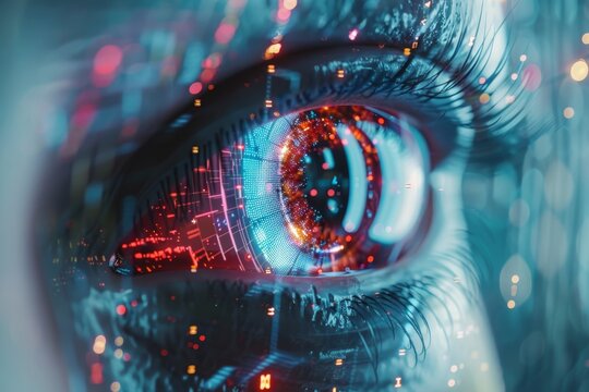 Futuristic cybernetic vision  ai robot eye hacking in digital tech display environment