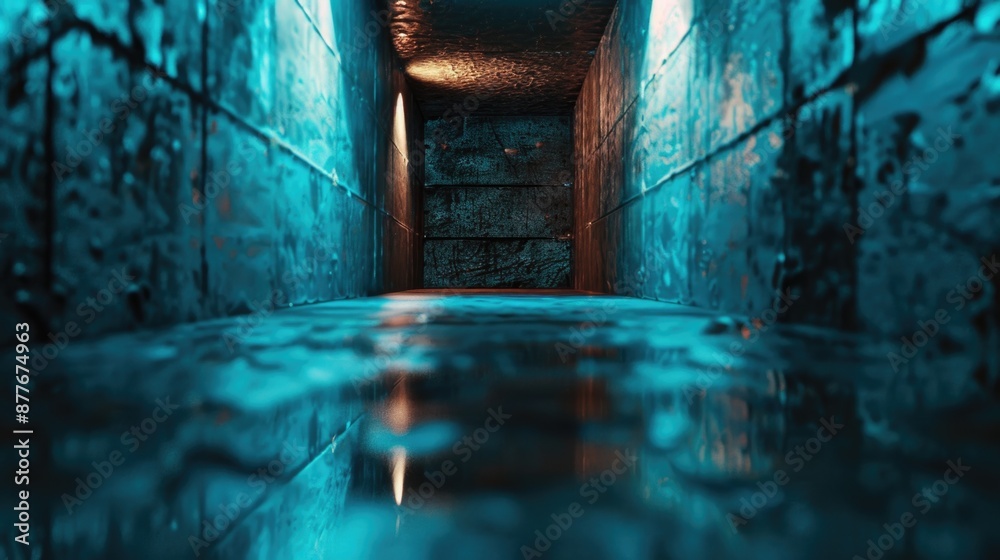 Poster a dimly lit hallway with a beacon of light at the end, often used as a symbol for guidance and hope