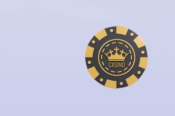 3d Casino gold coin chip icon isolated on purple background. Casino token for gamble games concept, Casino token chip concept. 3d gold casino chip icon. 3d render.