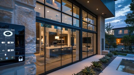 Suburban contemporary home with an advanced home automation system visible through an architectural glass wall