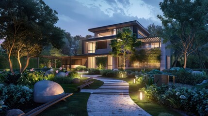 Suburban contemporary home with an illuminated path that leads through a meticulously landscaped garden to the main entrance