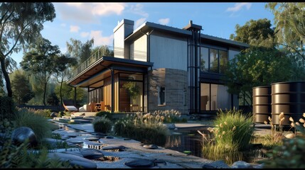 Suburban contemporary home with a focus on water conservation, featuring a rainwater harvesting system