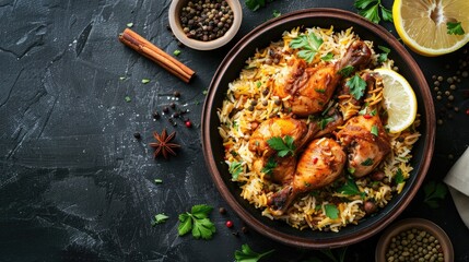Top view of chicken biryani in clay bowl with spices lemon and copy space