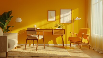 A contemporary room with a yellow wall, a desk and chair made of wood in the corner, a sofa, a rug, 