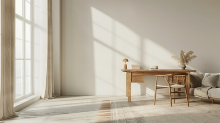 A contemporary room with a white wall, a desk and chair made of wood in the corner, a sofa, a rug
