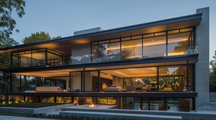 Obraz premium Suburban contemporary home with a cantilevered second story over a glass-walled living area