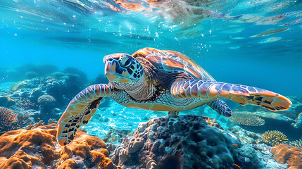 A colorful sea turtle swimming gracefully in the clear blue waters of an underwater coral reef, surrounded by vibrant marine life and sunlit bubbles. High-quality photo in the style of nature. 