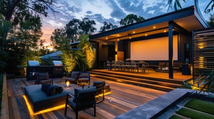 Suburban contemporary home with an expansive outdoor entertainment area including a projector screen and ambient lighting