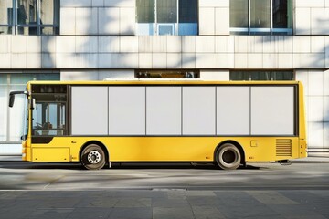 Yellow bus with blank advertising panels parked on city street near modern office building
