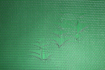 Torn window screen against green background, closeup