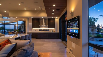 Suburban contemporary home with a home automation hub that controls lighting, climate, and security from a central panel