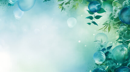 Blue bubbles and green leaves on a soft blue background, perfect for spring or summer designs, evoking a sense of peace and tranquility. 
