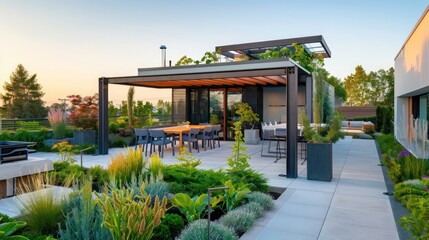 Obraz premium Suburban contemporary home with a rooftop garden and dining area, featuring sustainable planting and a modern pergola
