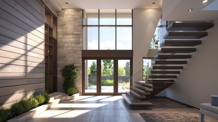Suburban contemporary home with a dramatic entryway featuring a floating staircase and a two-story window